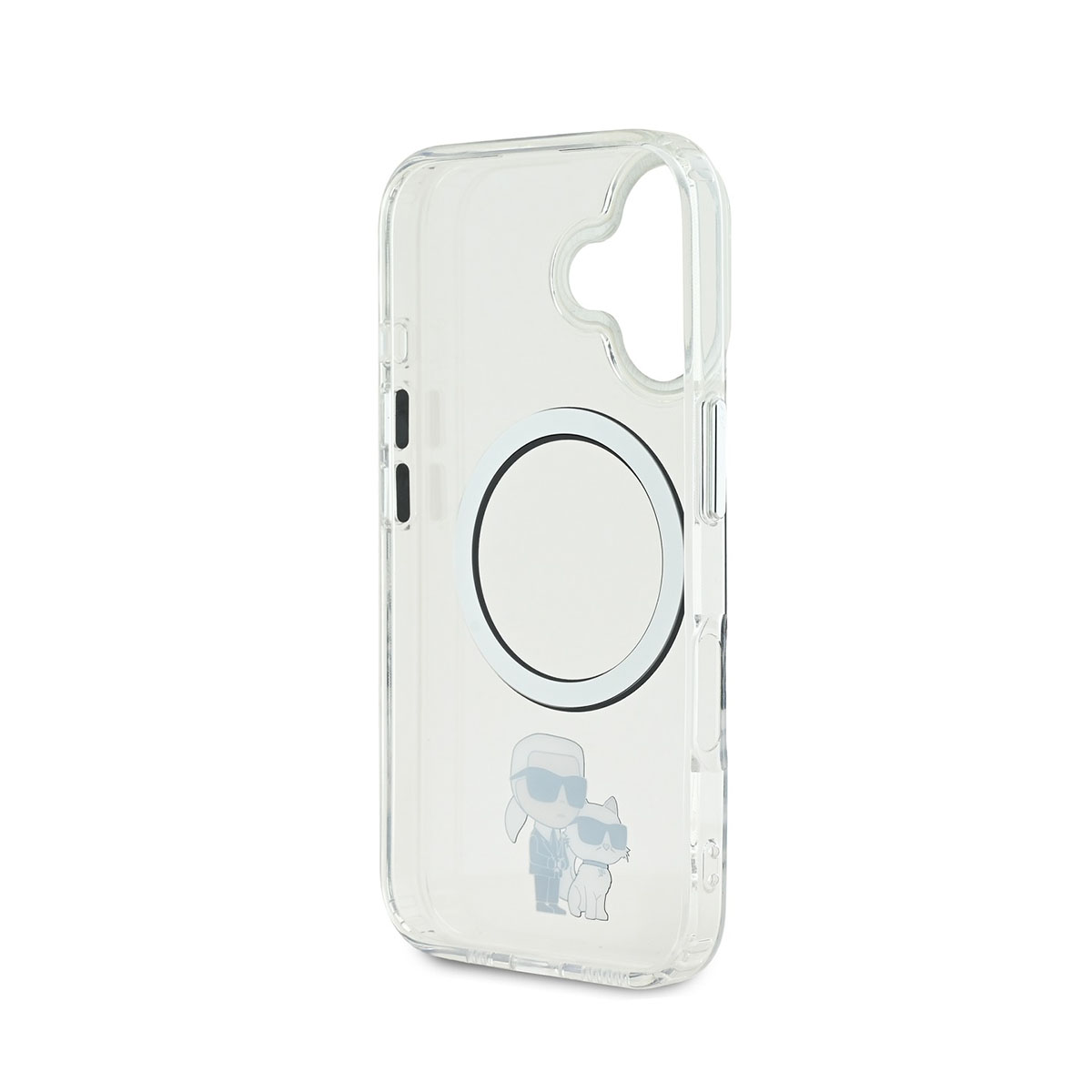 Transparente Handyhülle mit Karl Lagerfeld Design und Katze. Telefon nicht sichtbar.