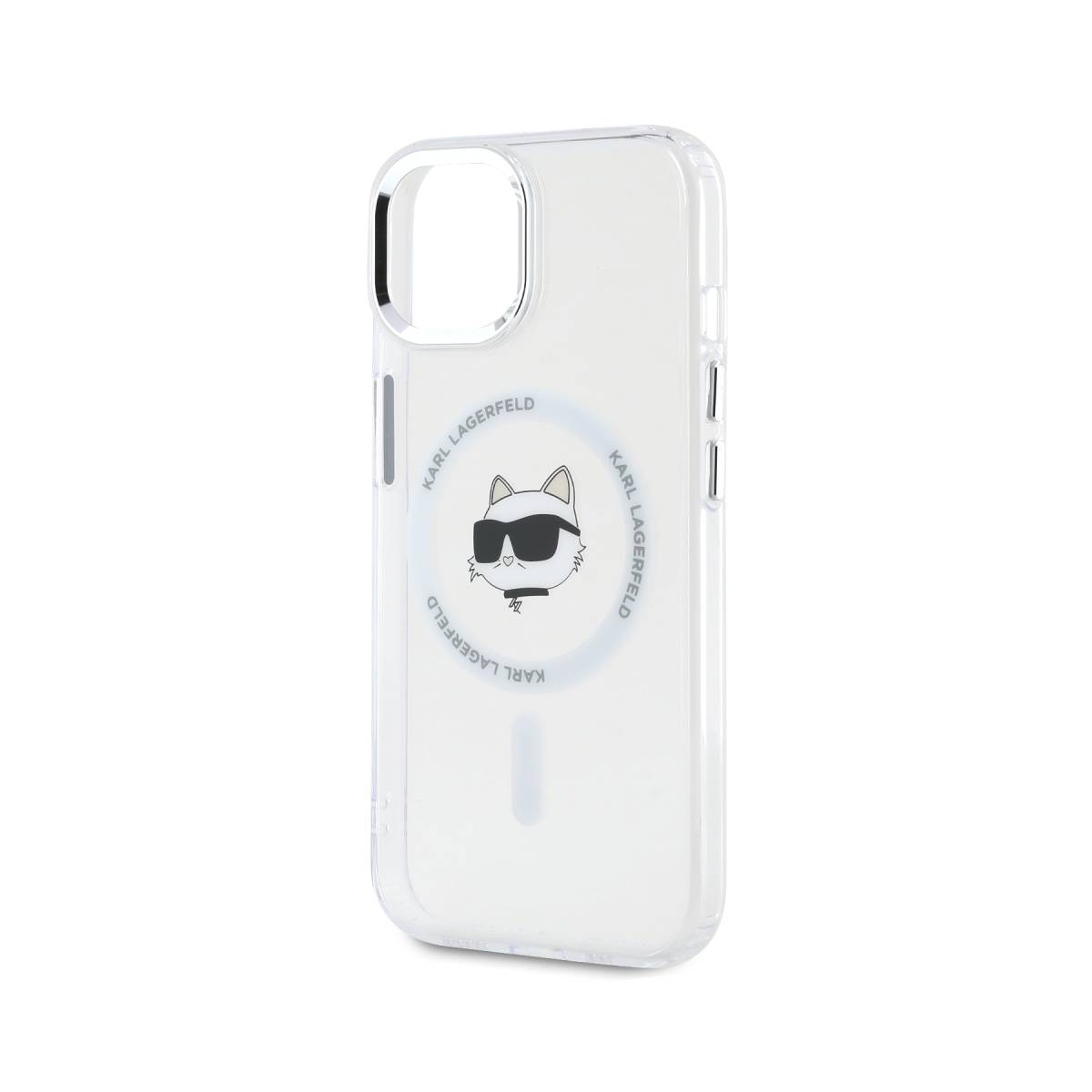 Una custodia per telefono con un design Karl Lagerfeld che mostra un gatto con occhiali da sole in un cerchio.