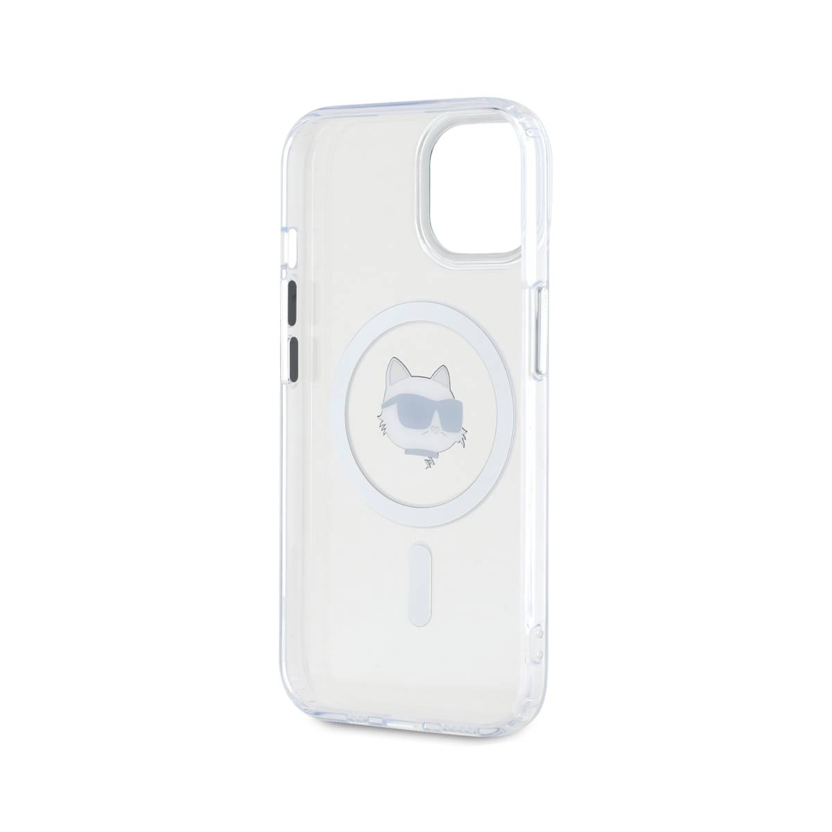Custodia trasparente con design a gatto e marchio Karl Lagerfeld. Telefono non visibile.