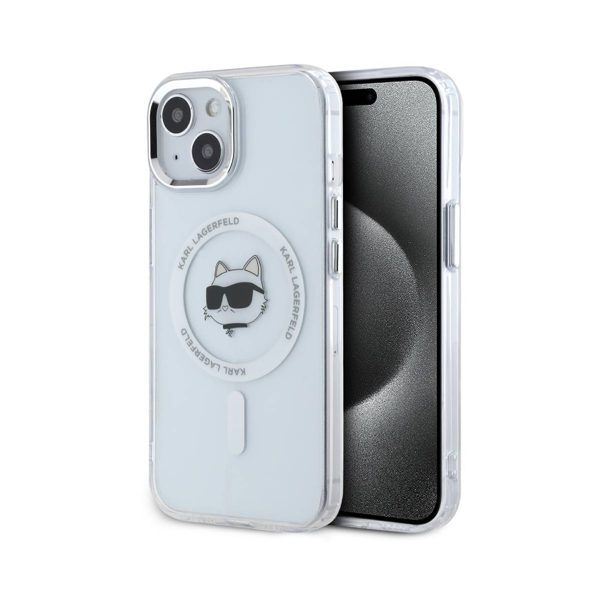 Custodia trasparente con design a gatto e marchio Karl Lagerfeld. Telefono visibile.