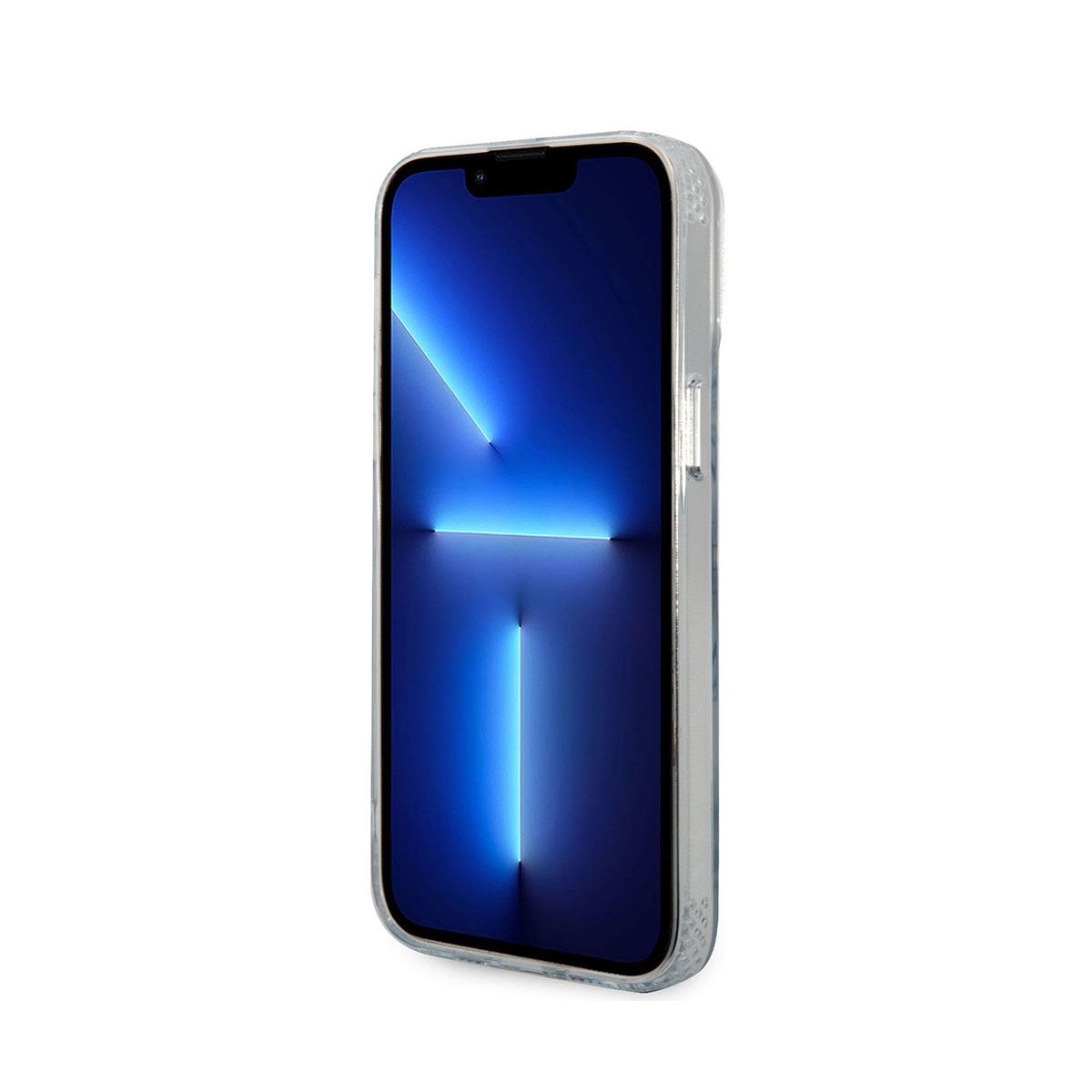 iPhone in klarer Hülle, zeigt blauen Bildschirm.