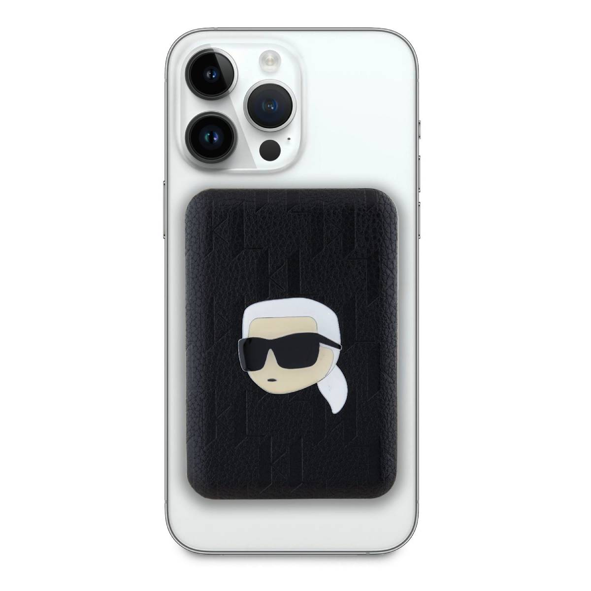 Un iPhone bianco con una custodia a portafoglio nera con un design Karl Lagerfeld.