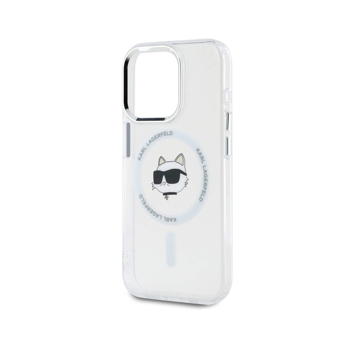 Un iPhone bianco con una custodia trasparente con un design di gatto Karl Lagerfeld.