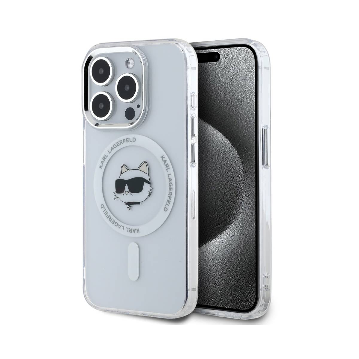 iPhone bianco con custodia trasparente. Design gatto Karl Lagerfeld sul retro, con un altro.
