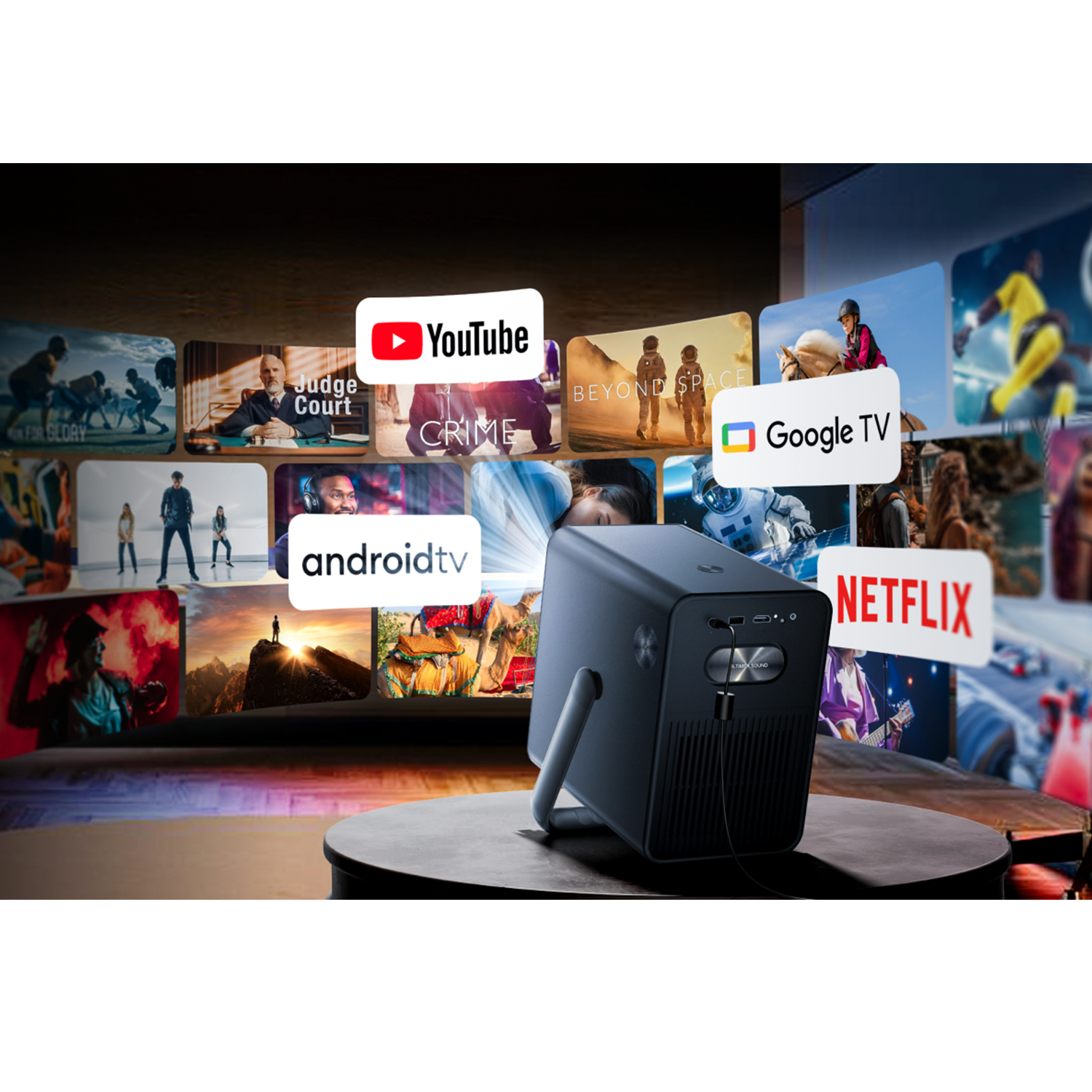 Een projector die logo's van verschillende streamingdiensten op een scherm toont.