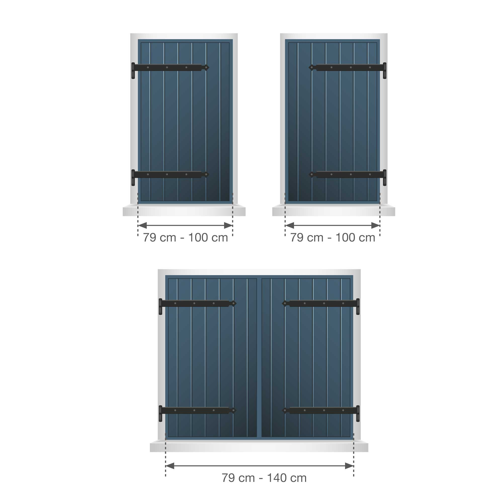 Tre persiane blu con cerniere nere, su sfondo bianco con etichette delle dimensioni.