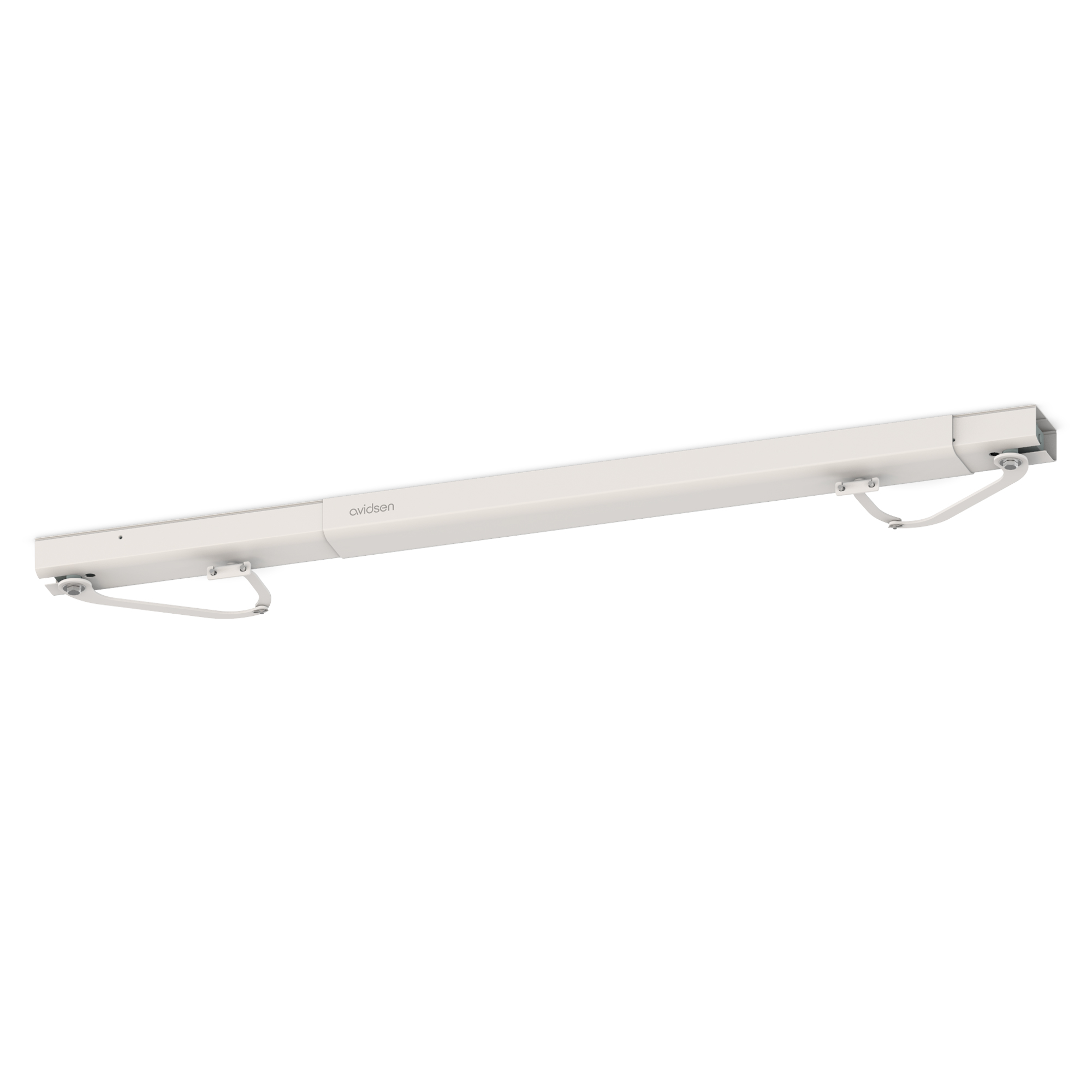 Sistema a binario bianco montato a soffitto con staffe di supporto. Il marchio è visibile.