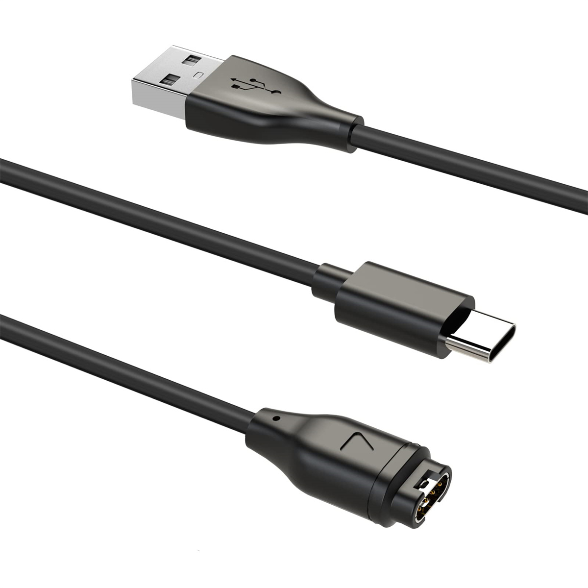 Ein schwarzes USB-Kabel mit drei verschiedenen Anschlüssen: USB, USB-C und Garmin.