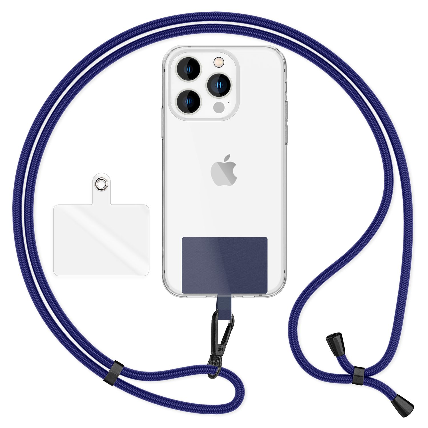 Ein Telefon mit Schlüsselband. Das Schlüsselband ist blau und das Telefon in einer Hülle.