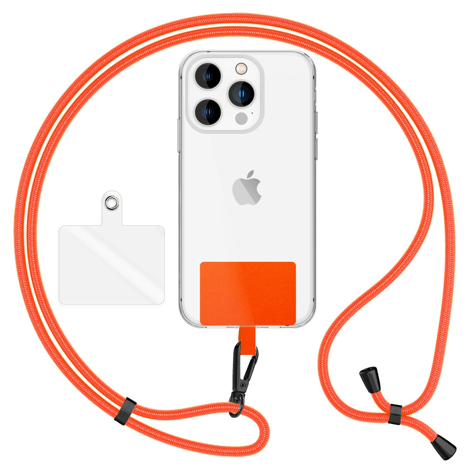 Klar Handyhülle mit orangefarbenem Lanyard, durchsichtigem Patch und schwarzem Haken.