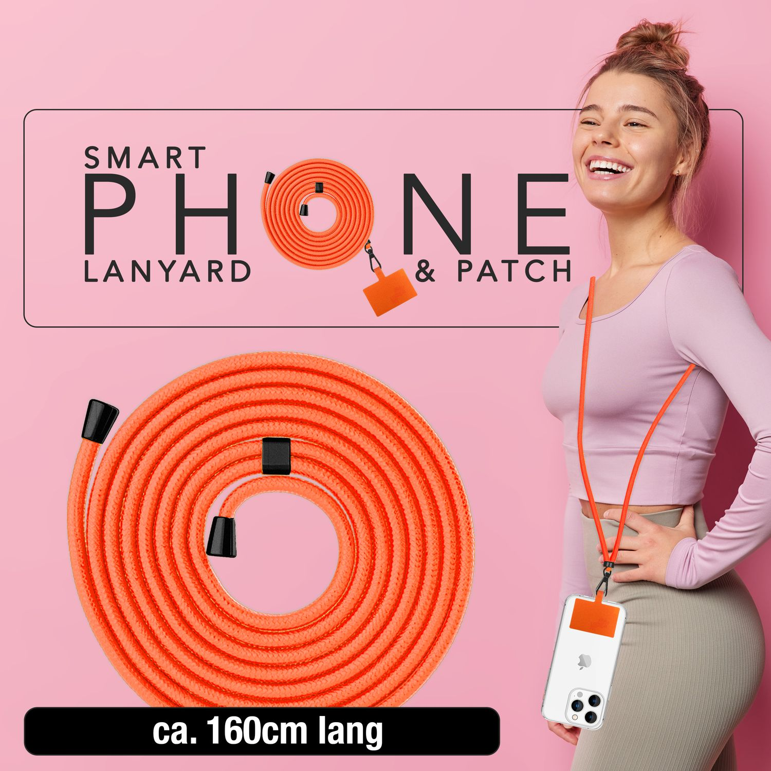 Eine Frau mit einem Handy-Lanyard. Das Lanyard ist orange. Text: Smart Phone Lanyard & Patch.