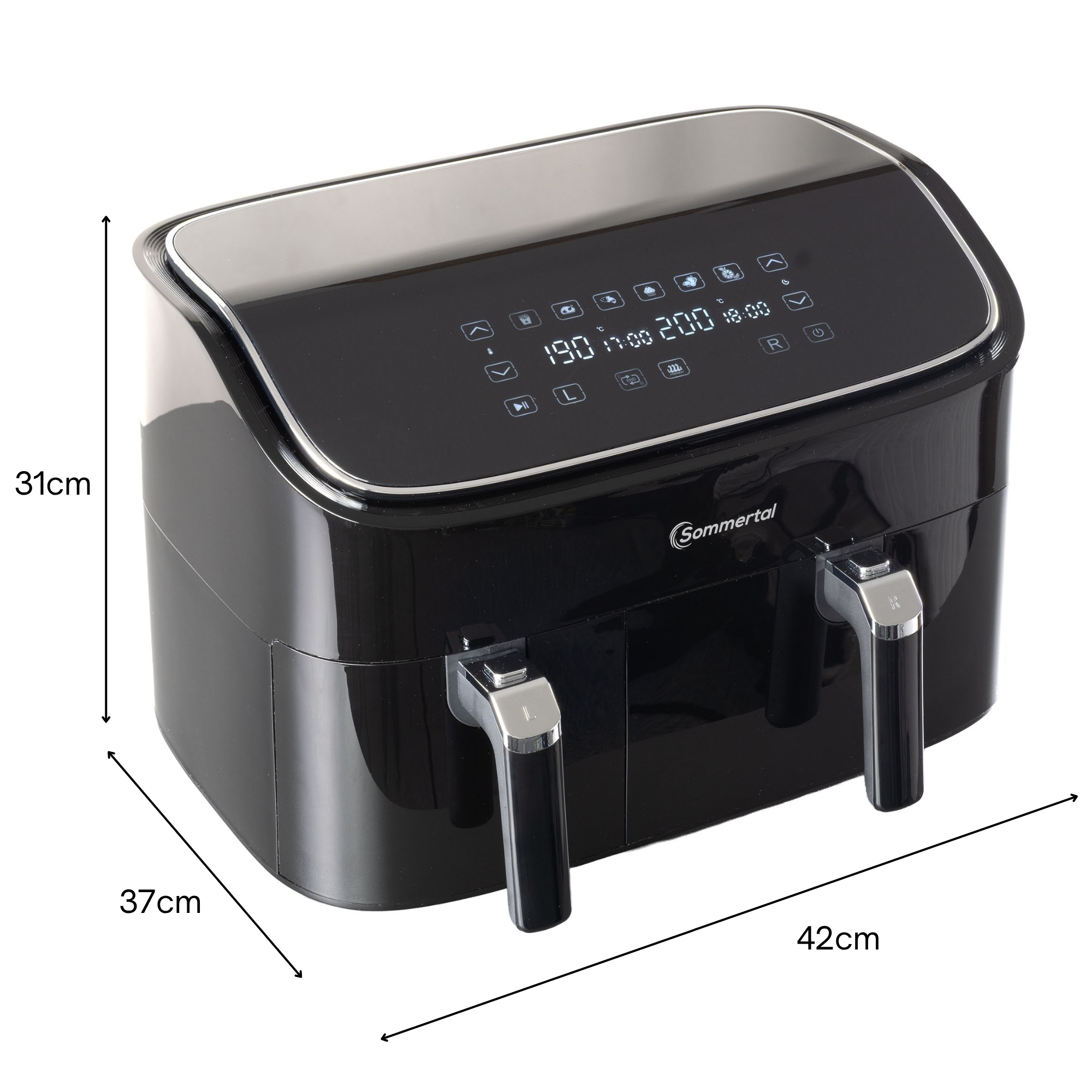 Schwarze Heißluftfritteuse mit Abmessungen: 31cm, 37cm, 42cm. Digitalanzeige oben.