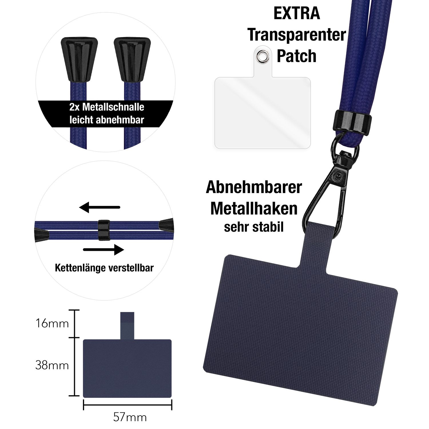 Detaillierte Ansicht der Lanyard-Teile: Clips, Patch und einstellbare Länge.