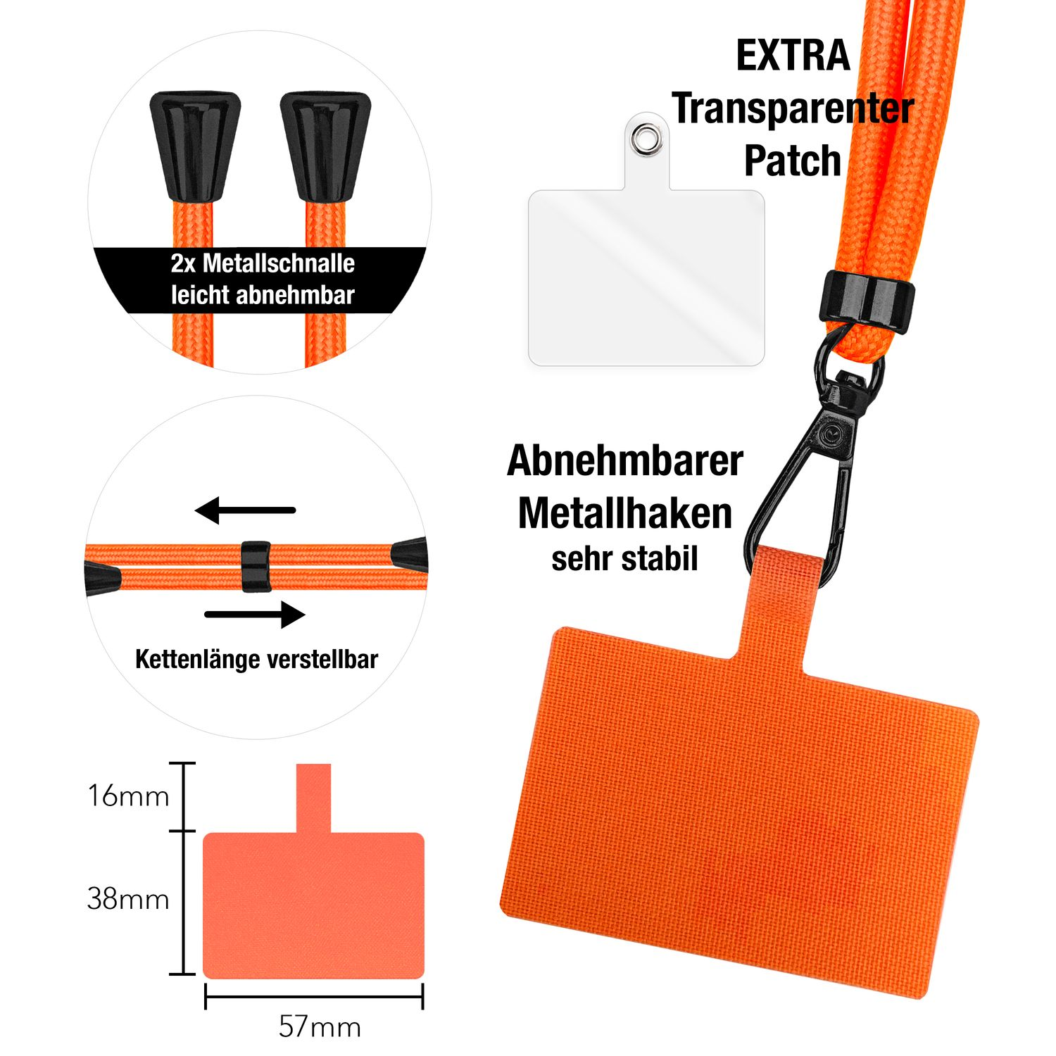 Detaillierte Ansicht der Lanyard-Teile: Clips, Patch und verstellbare Länge.