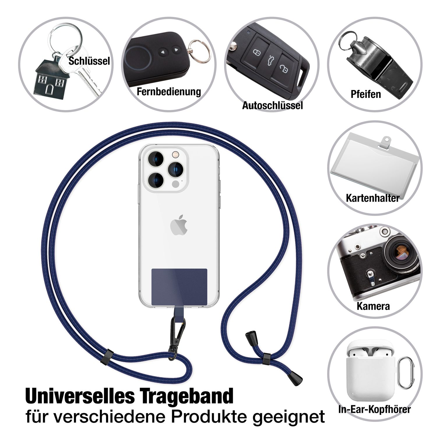 Ein Telefon mit Lanyard und verschiedenen Gegenständen: Schlüssel, Fernbedienungen, Kamera.
