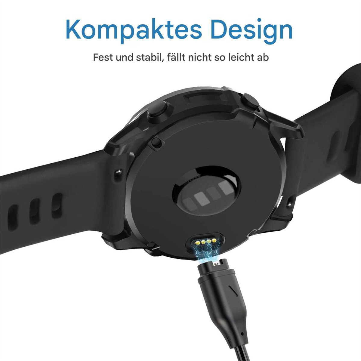 Eine schwarze Smartwatch mit angeschlossenem Ladekabel. Ein Ladeanschluss ist sichtbar.