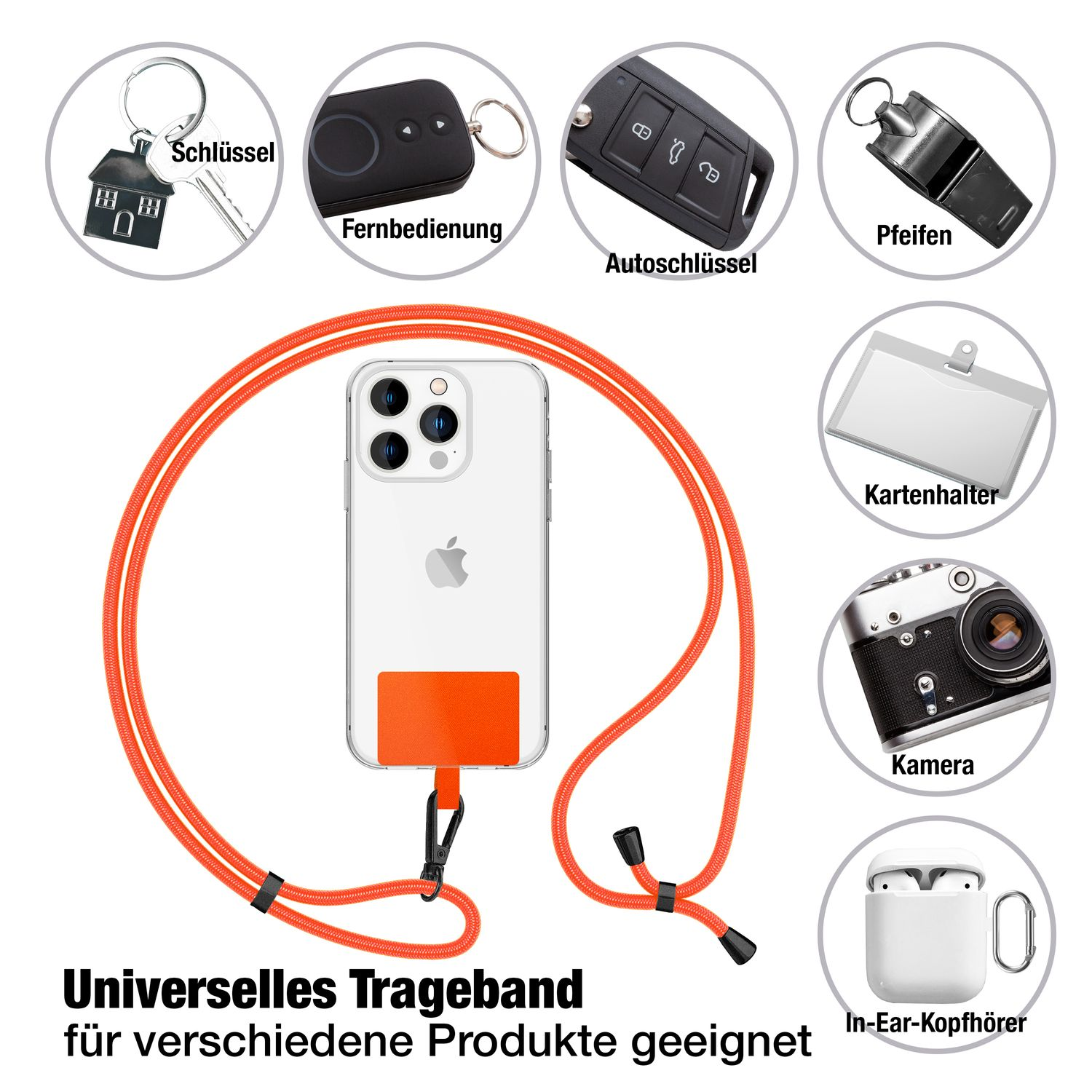 Oranges Umhängeband mit Handyhülle und verschiedenen Gegenständen: Schlüssel, Kopfhörer, Kamera usw.