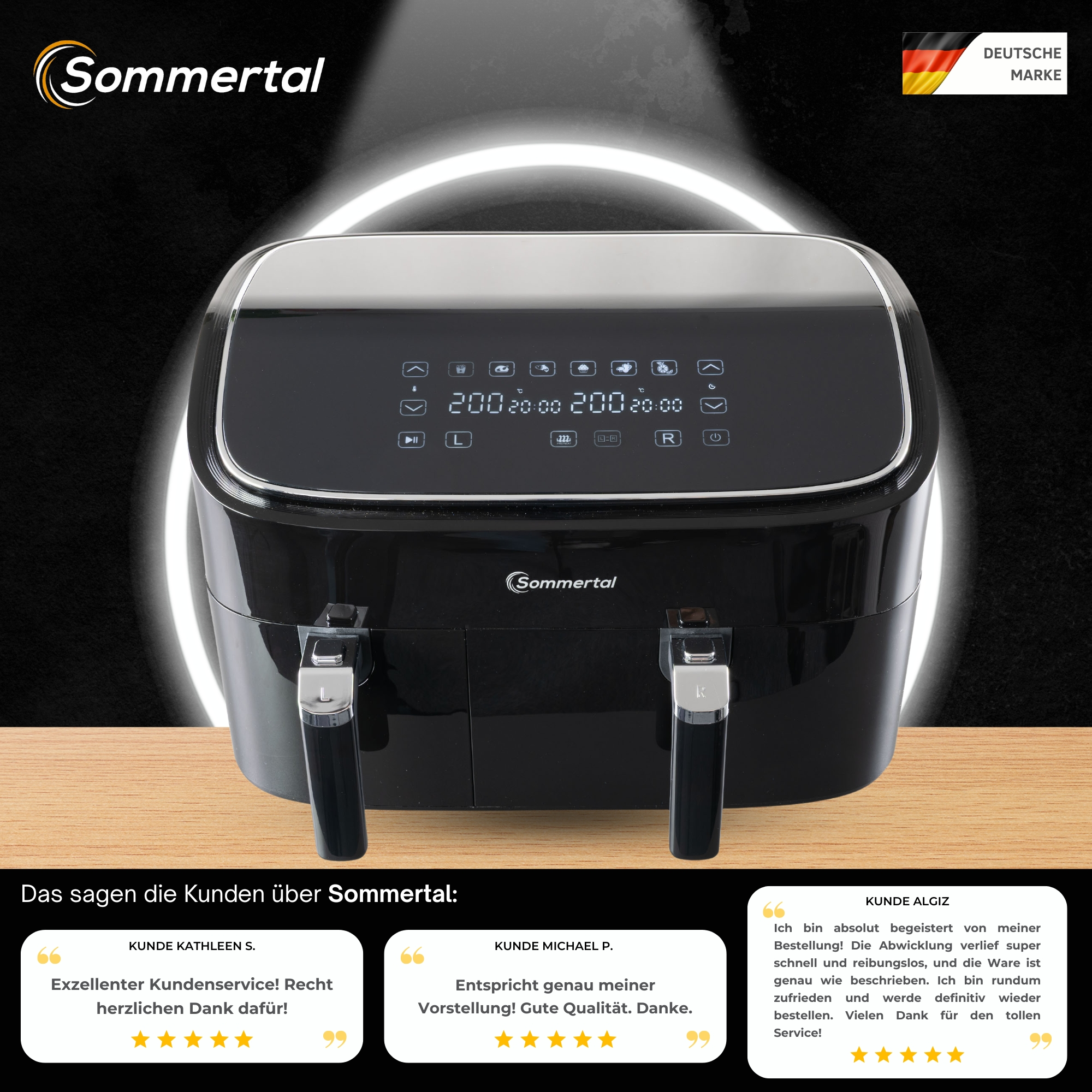 Schwarze Heißluftfritteuse mit digitaler Anzeige und Kundenstimmen darunter.