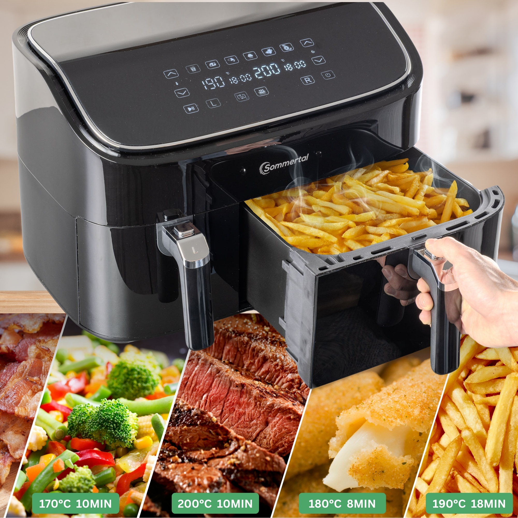 Eine Heißluftfritteuse mit Essen und verschiedenen angezeigten Kochtemperaturen.