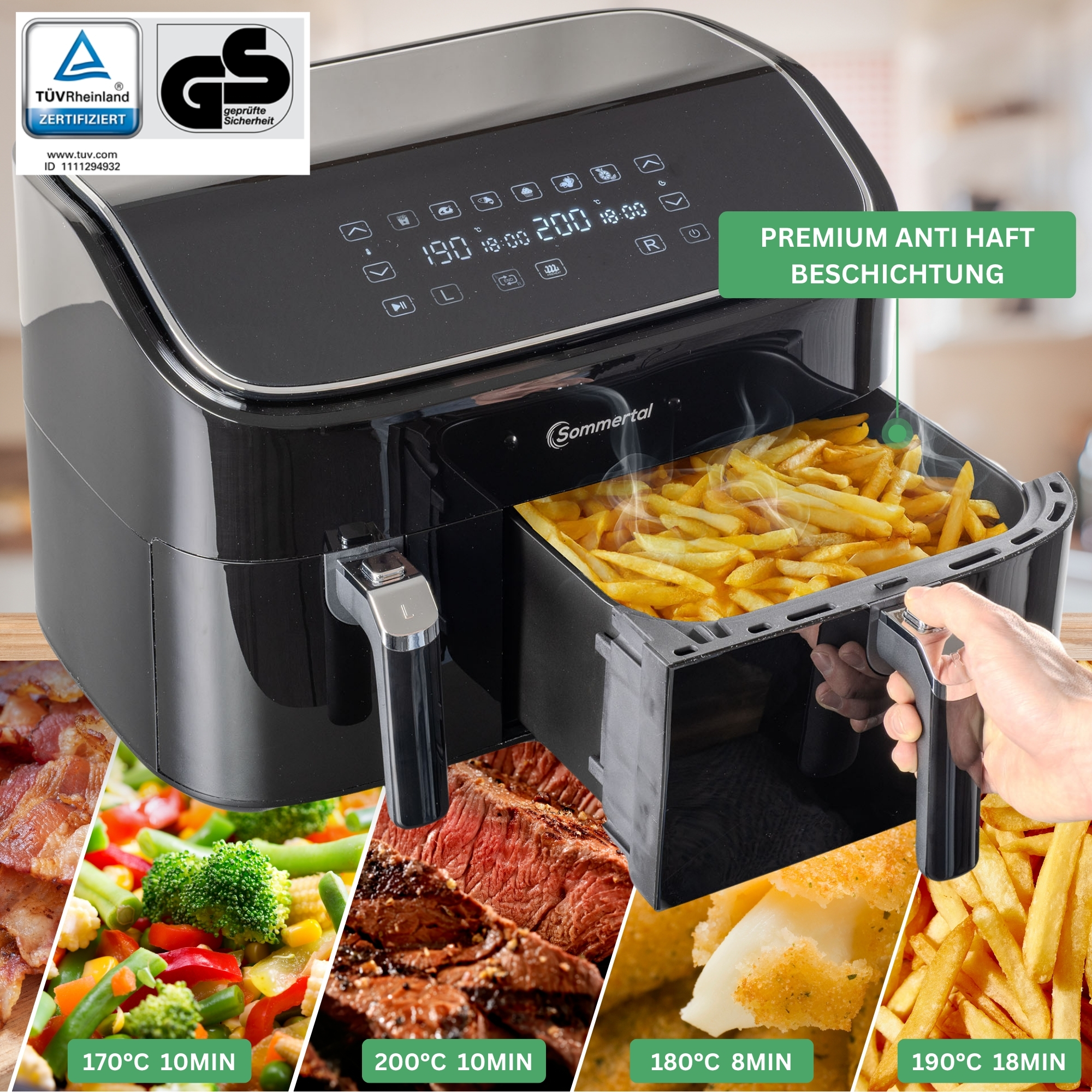 Eine schwarze Heißluftfritteuse mit einem Tablett mit Pommes Frites und Beispielen für gekochte Speisen.