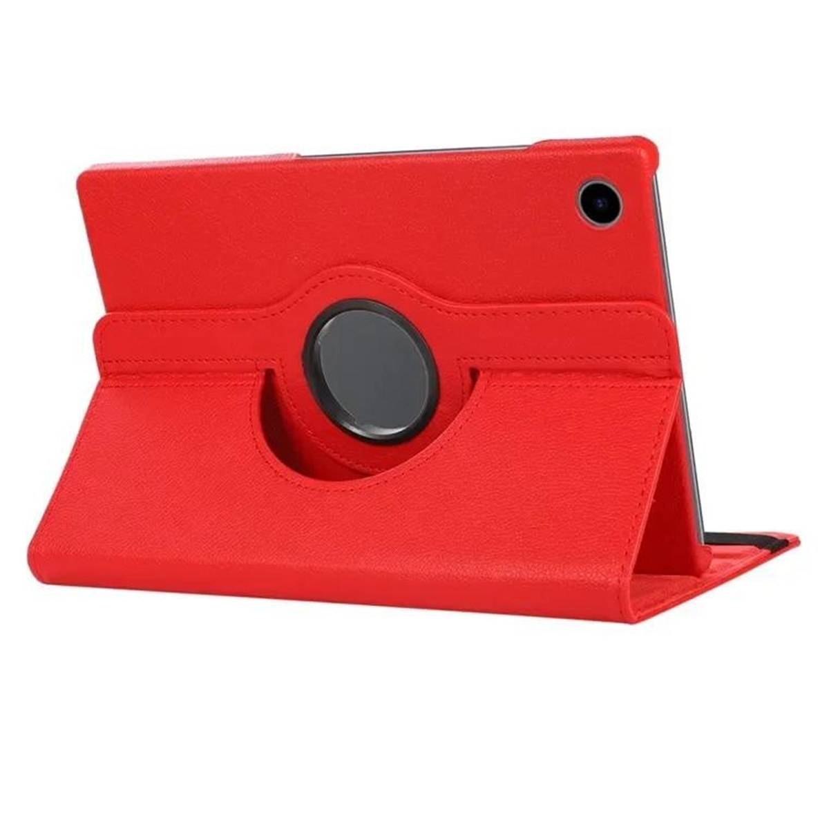 Un tablet rosso in una custodia rossa con un supporto girevole.
