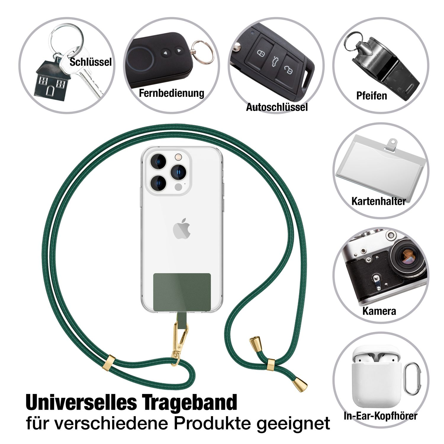 Ein Telefon mit Lanyard, neben Schlüsseln, Fernbedienung, Autoschlüsseln, Pfeife, Kartenhalter, Kamera und Kopfhörern.