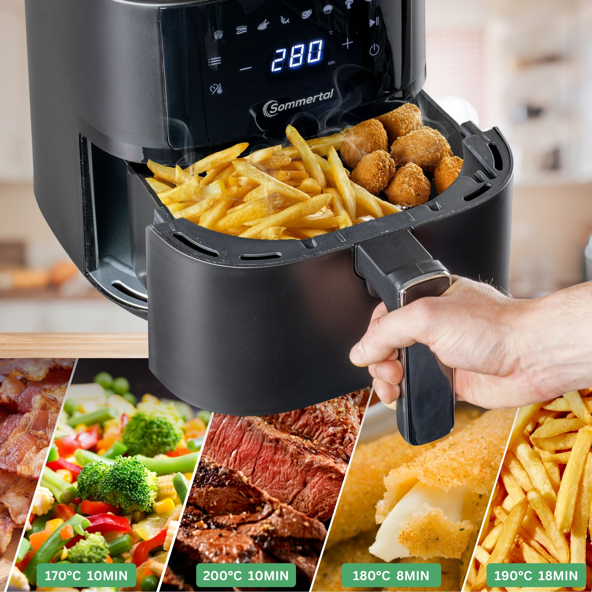 Heißluftfritteuse mit Essen im Inneren und Kochoptionen unten.