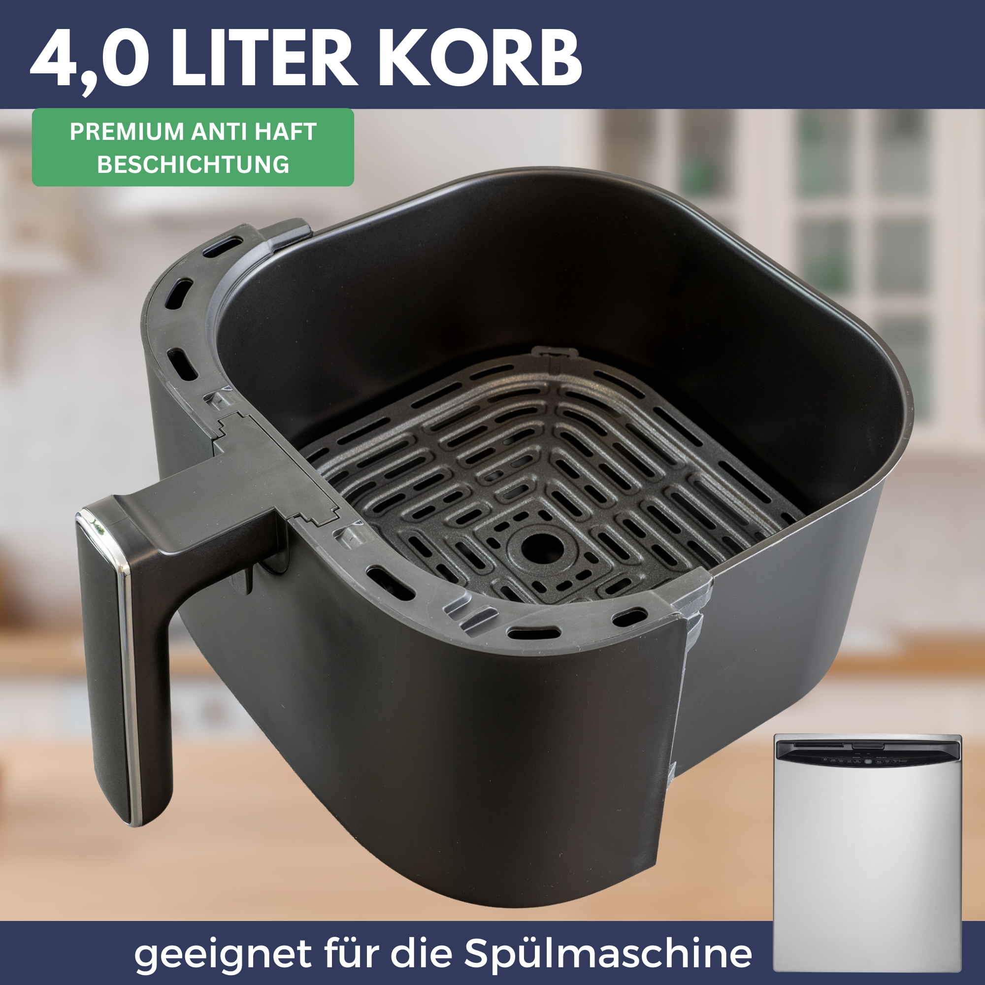 Heißluftfritteuse-Korb, mit Griff, und Text '4,0 LITER KORB'.