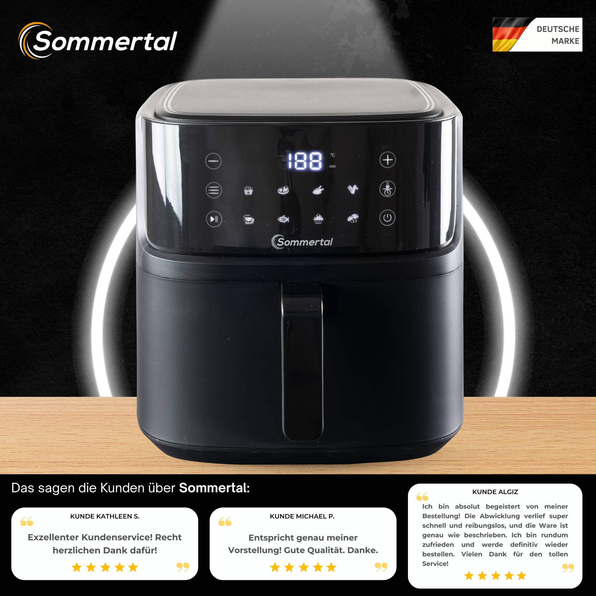 Schwarze Heißluftfritteuse mit Digitalanzeige und Kundenbewertungen darunter.