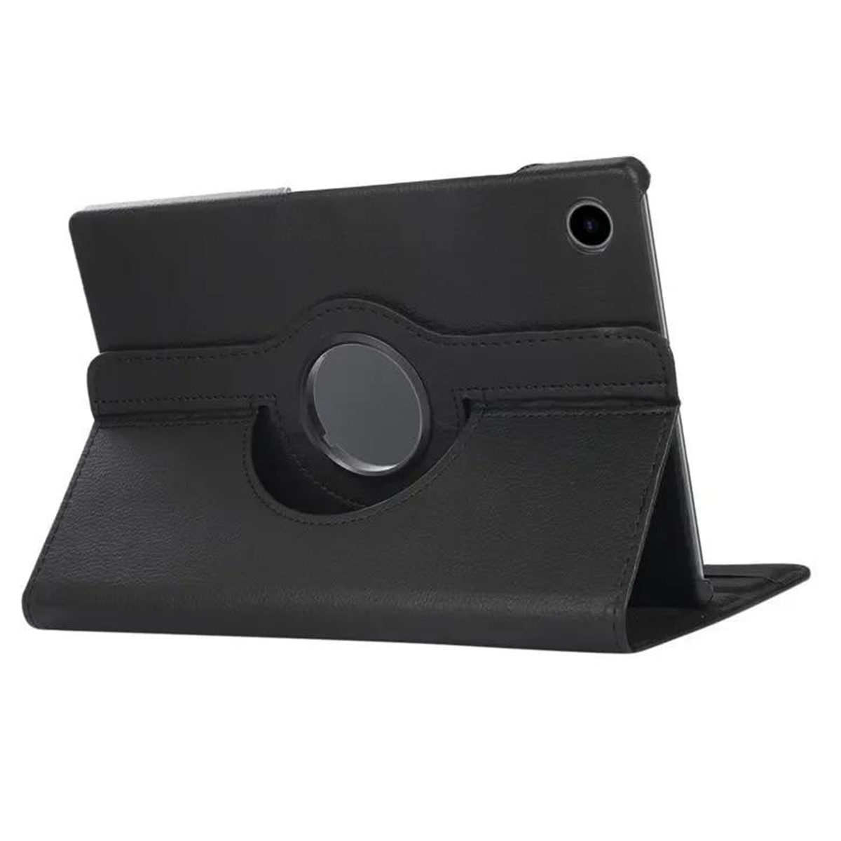 Custodia nera per tablet con supporto rotante, tablet parzialmente visibile.