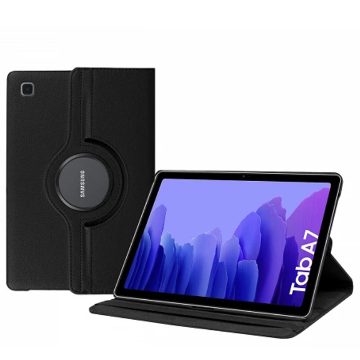 Tablet nero in una custodia nera, che mostra lo schermo del tablet con testo.