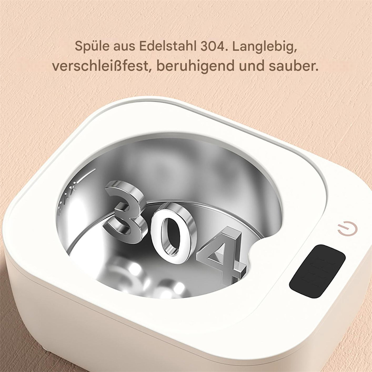 Ein weißer Zahnreiniger mit Digitalanzeige und Edelstahl-Innenraum, der die Nummer 304 enthält.
