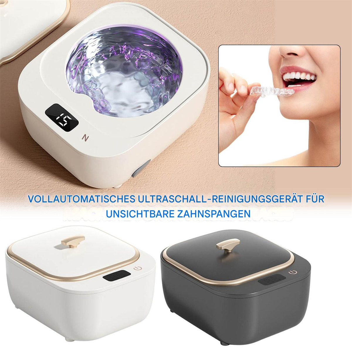 Ultraschallreiniger mit Digitalanzeige und einer Frau, die einen Aligner trägt. Außerdem zwei weitere Geräte.