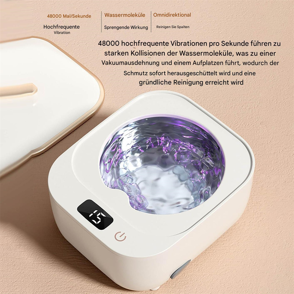 Ein weißer Ultraschallreiniger mit digitaler Anzeige, die '15' anzeigt. Der Reiniger hat einen goldfarbenen Rand.