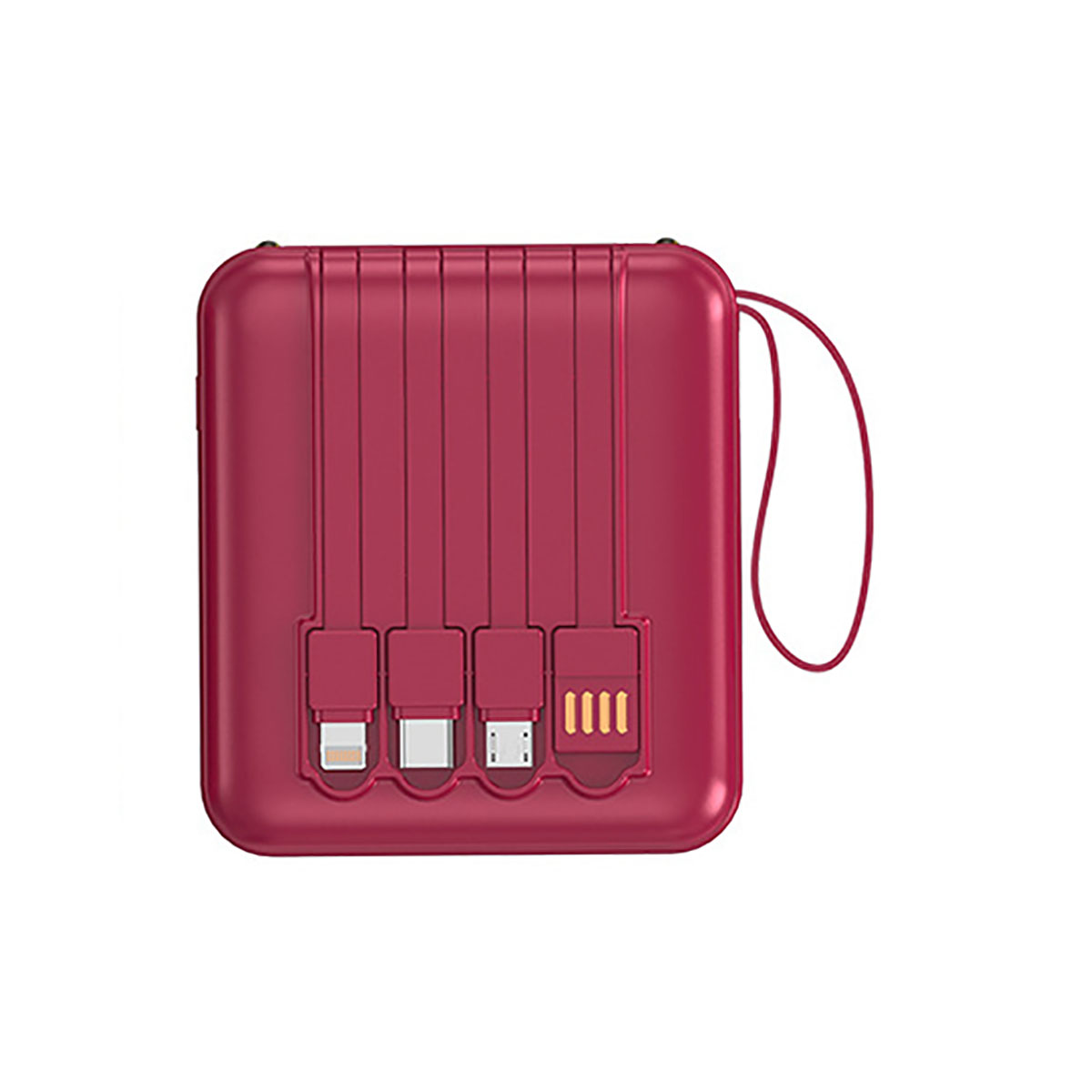 Rote Powerbank mit mehreren angeschlossenen Ladekabeln. Kabel sind verschiedene Typen.