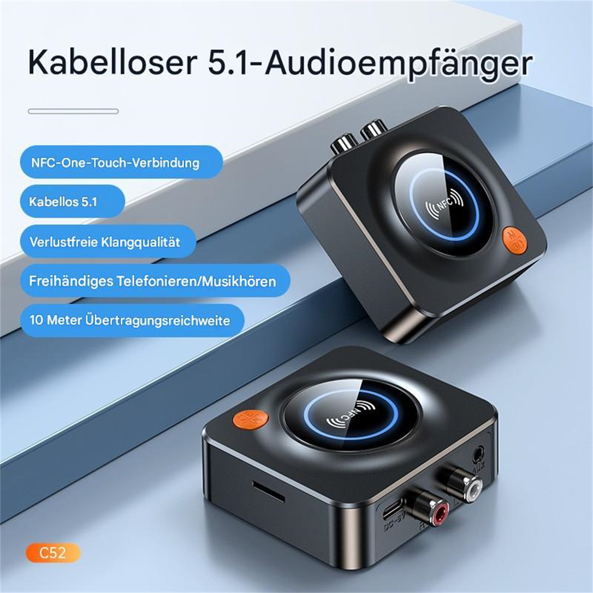 Ein schwarzer Audioempfänger mit Text, der NFC und Tasten anzeigt. Zwei Geräte.