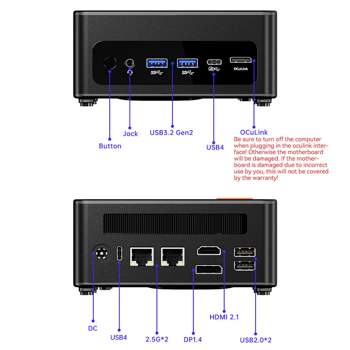 Czarny komputer pokazujący porty i przyciski. Tekst: Jack, USB3.2 Gen2, USB4 i OCUlink.