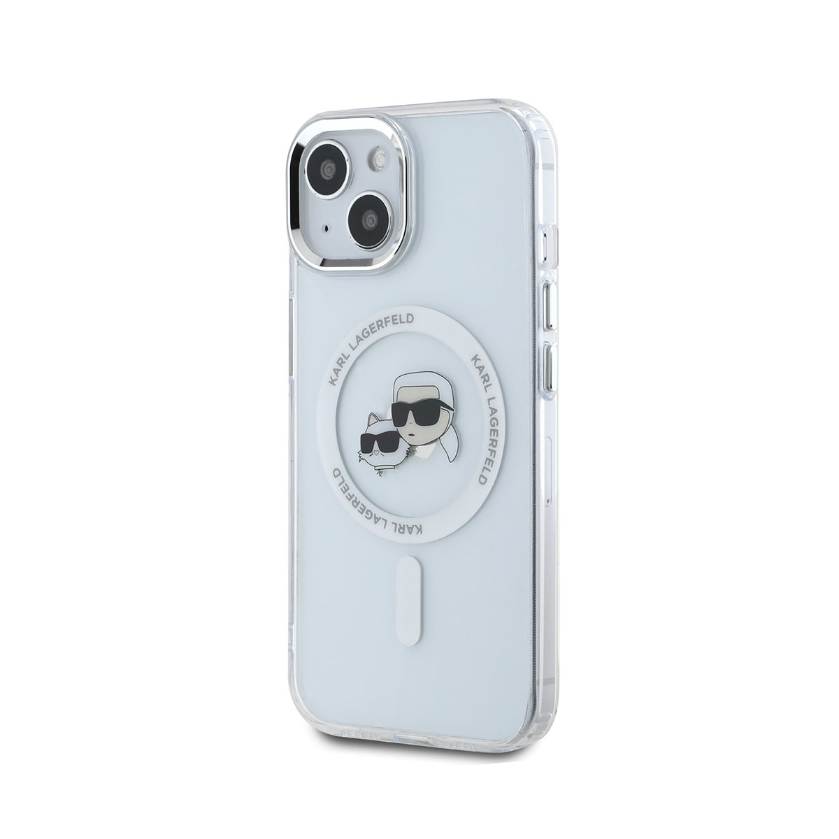 Custodia trasparente per telefono con design Karl Lagerfeld sul retro. Sfondo bianco.