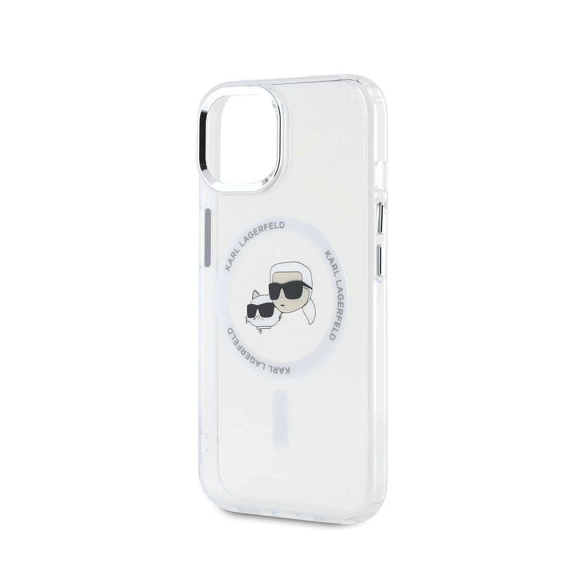 Una custodia trasparente per telefono con design Karl Lagerfeld, con gatto e logo.