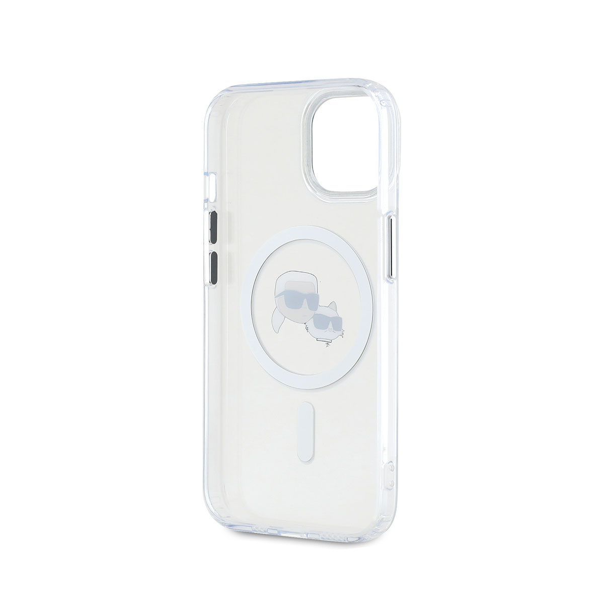 Custodia trasparente per telefono con design Karl Lagerfeld sul retro. Sfondo bianco.