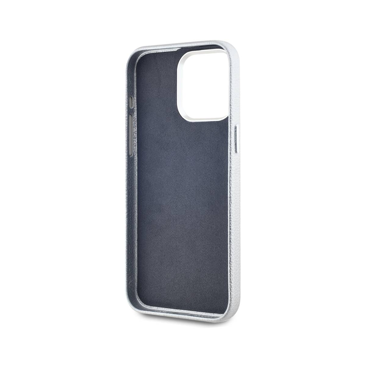 Custodia argento per telefono, con interno grigio scuro. Sfondo bianco. Ritaglio per fotocamera.