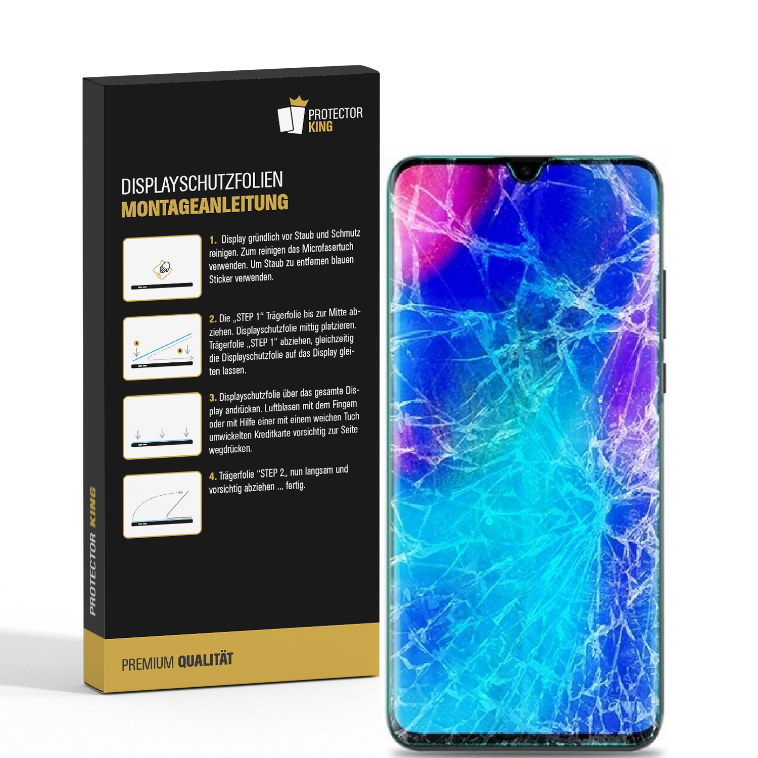 Telefon mit zerbrochenem Bildschirm, neben einer Box mit Anweisungen für Displayschutz.