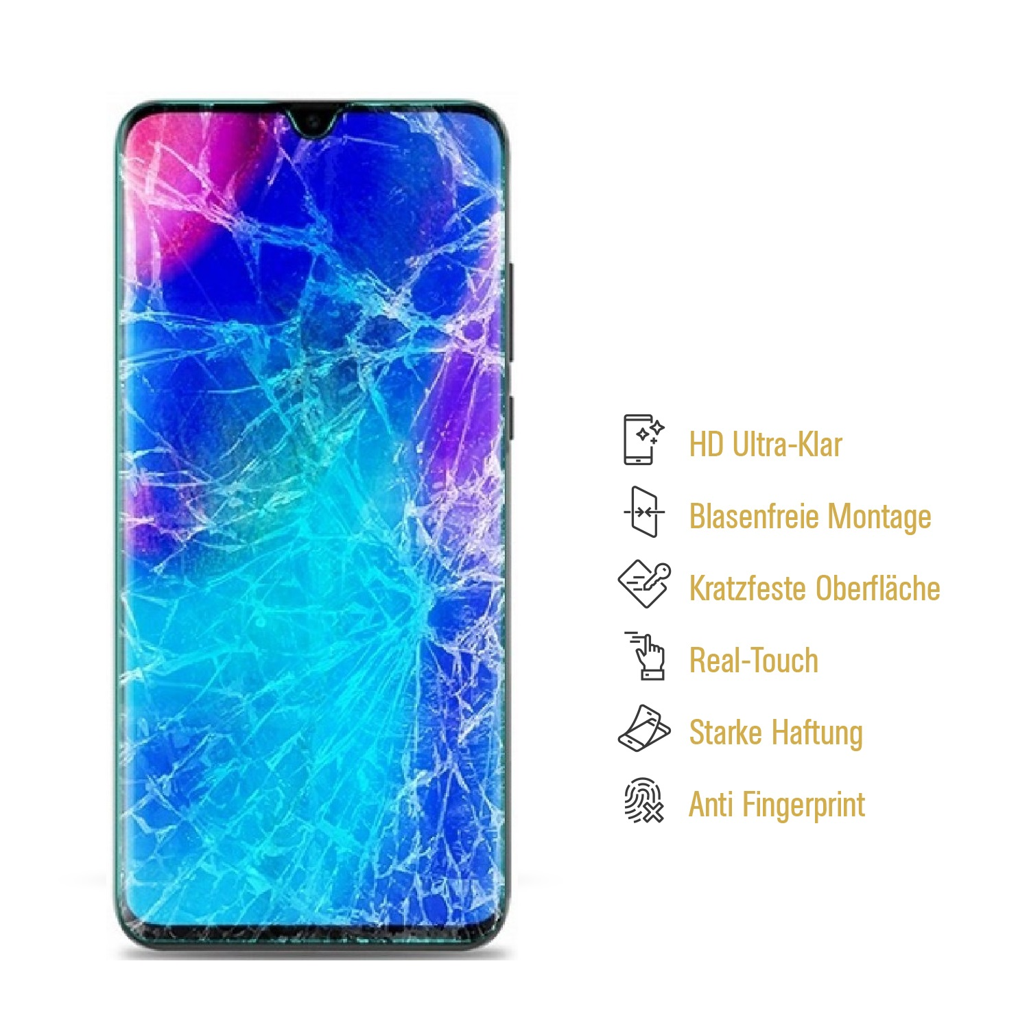 Ein Smartphone mit gesprungenem Bildschirm wird mit Symbolen angezeigt, die Funktionen auf weißem Hintergrund anzeigen.