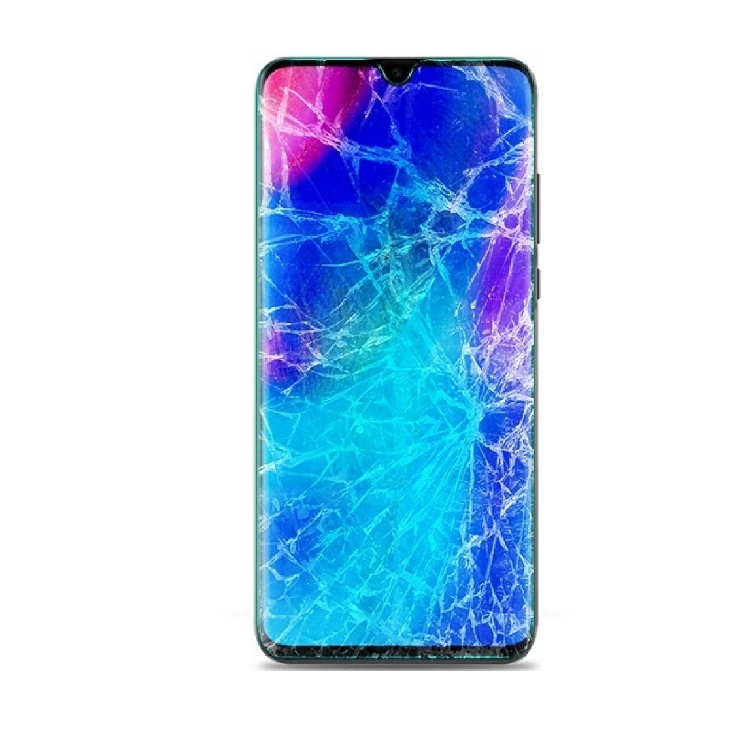 Ein Smartphone mit zerbrochenem Bildschirm, das ein blaues und violettes abstraktes Muster zeigt.