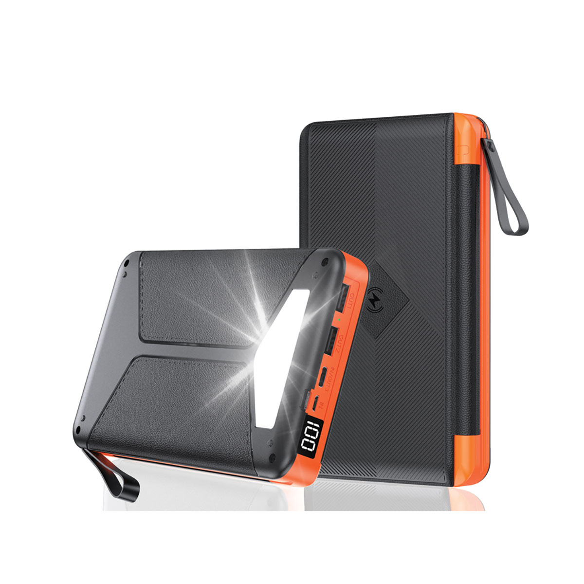 Schwarze und orange Powerbank mit Licht und digitaler Anzeige.