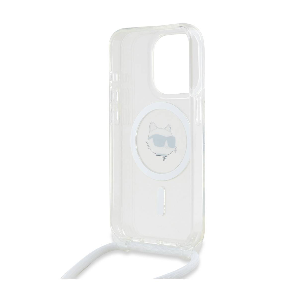 Custodia trasparente per telefono con design Karl Lagerfeld a forma di gatto e cordino bianco. Custodia trasparente con anello MagSafe.