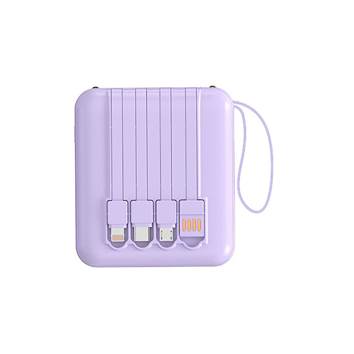 Lila Powerbank mit vier angeschlossenen Ladekabeln. Weißer Hintergrund.