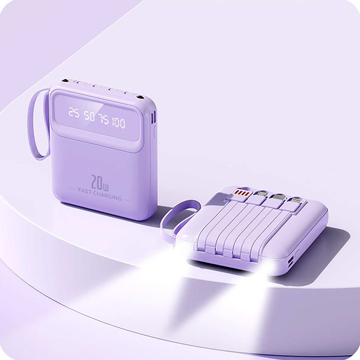 Zwei lila Powerbanks mit einem Bildschirm, der Ladeprozentsätze anzeigt. Der Text lautet "20w Fast Charging".