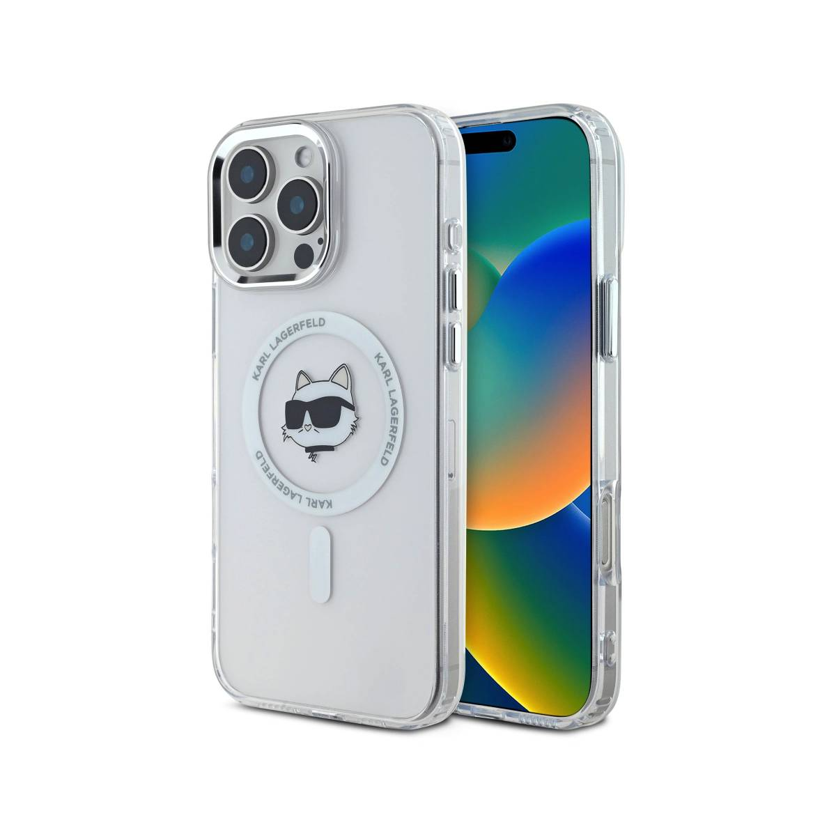 Telefon mit Karl Lagerfeld Katzen Design Hülle. Die Hülle ist transparent und hat einen MagSafe Ring.