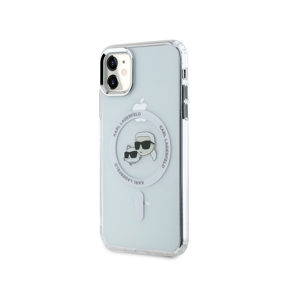 Custodia trasparente per iPhone con design Karl Lagerfeld. Cerchio bianco con gatto e logo.